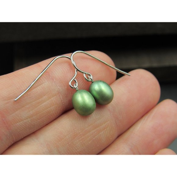 Sterling Silver Cute Small Light Green Pearls Earrings - Picture 2 of 5